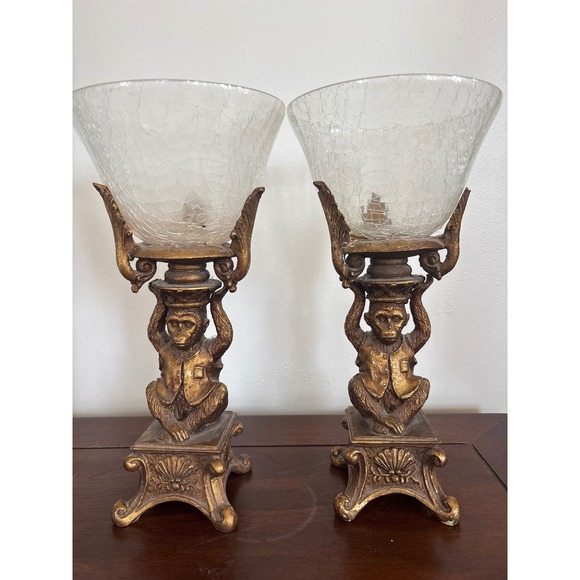 Vintage 2 Gold Monkey Candle Holder Crackle Glass Hurricane Shades Ornate